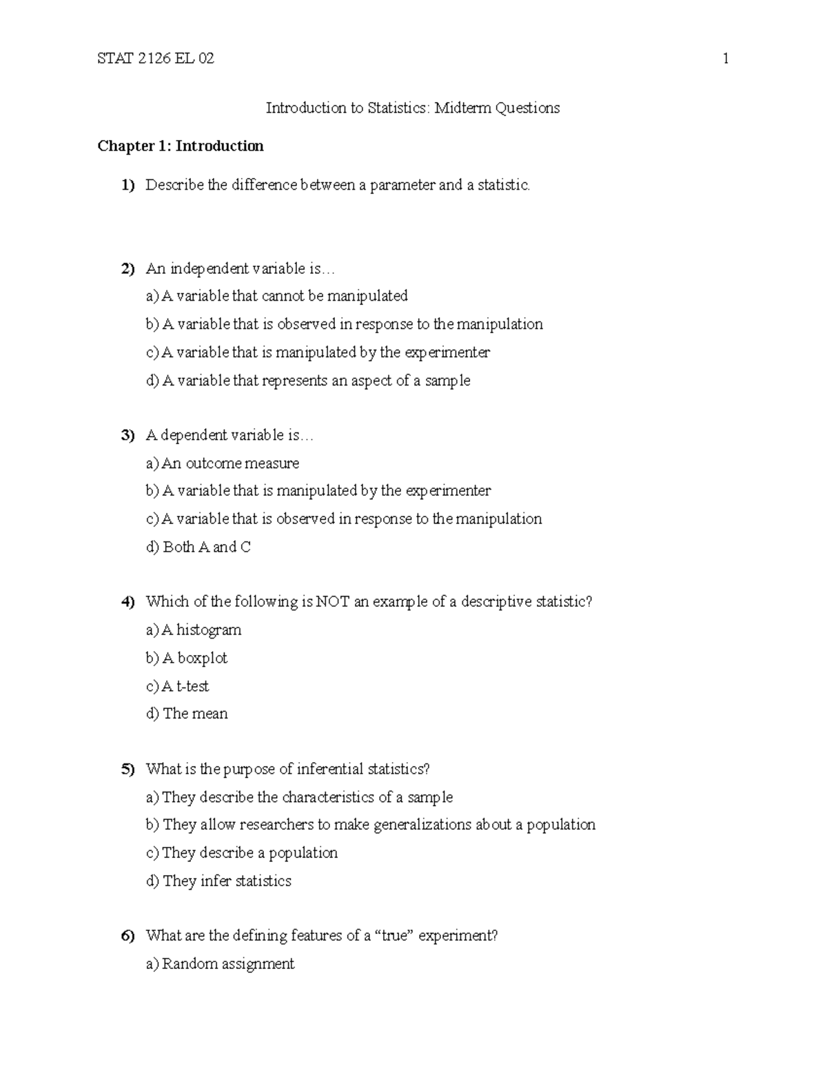 Practice Midterm questions 2020 STAT 2126EL02 - STAT-2126EG ...