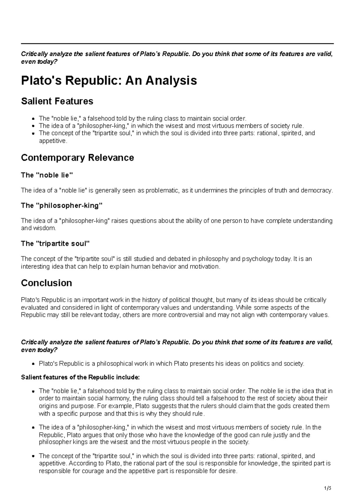 PLT301: Critical Analysis of Key Features in Plato's Republic - Studocu