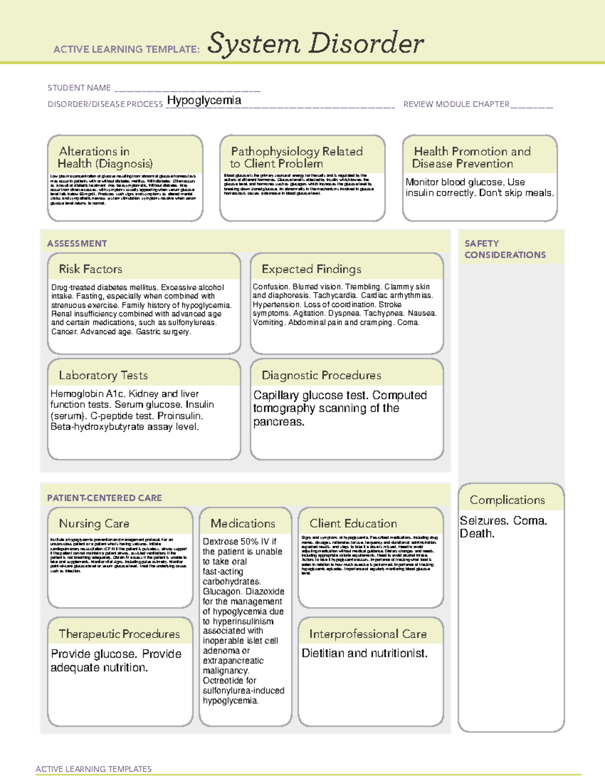 ATI system disorder template Hypoglycemia filled in ACTIVE LEARNING