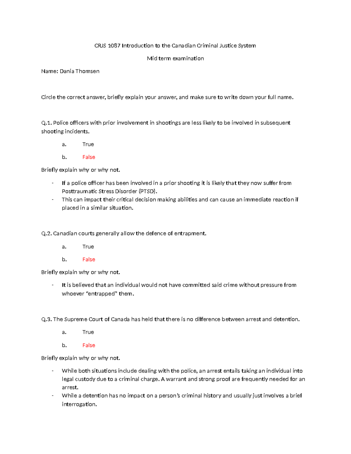 CRJS 1087 Intro to Canadian Criminal Justice Midterm Exam Guide - Studocu