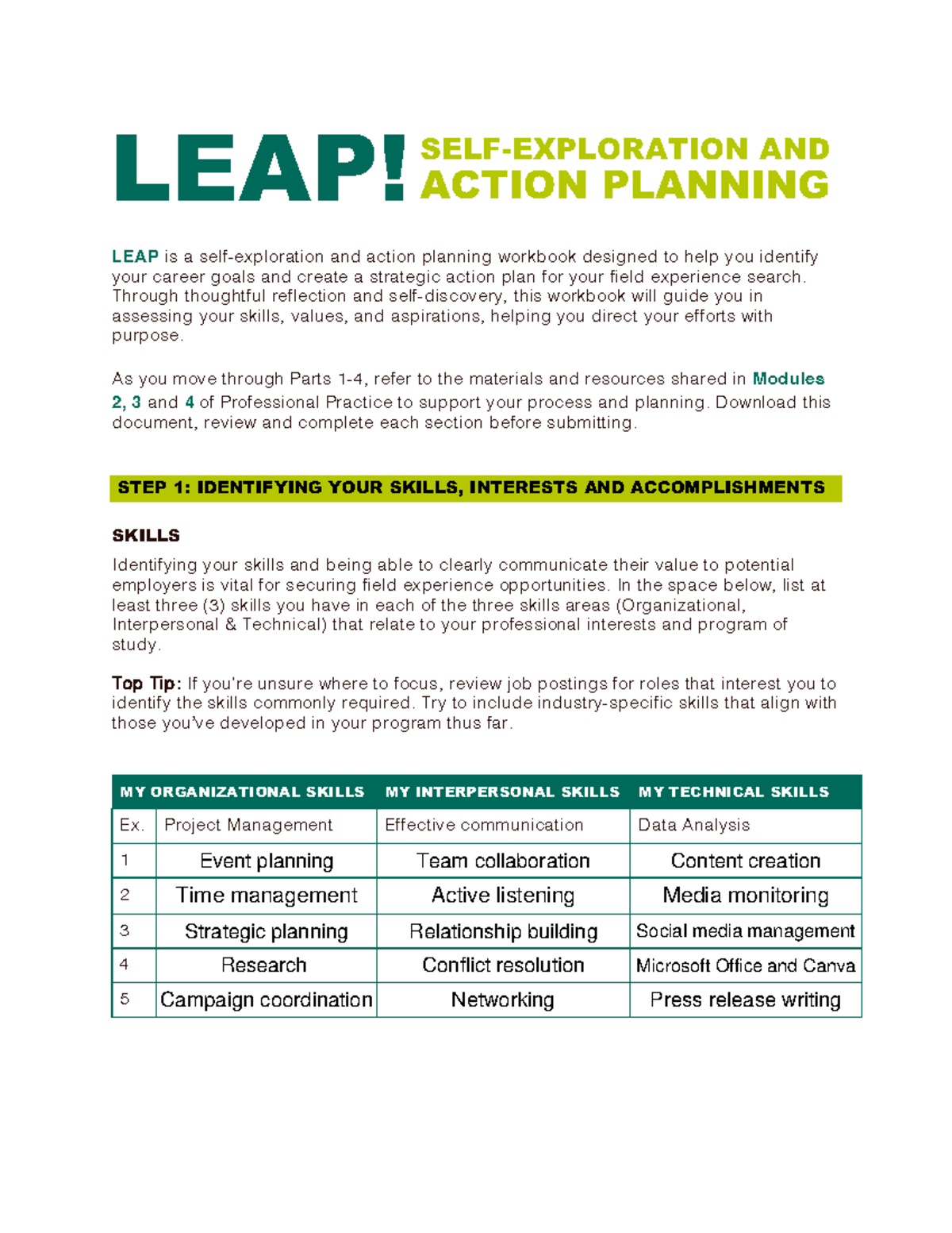 LEAP W25 - Career Action Planning Workbook and Guide - Studocu