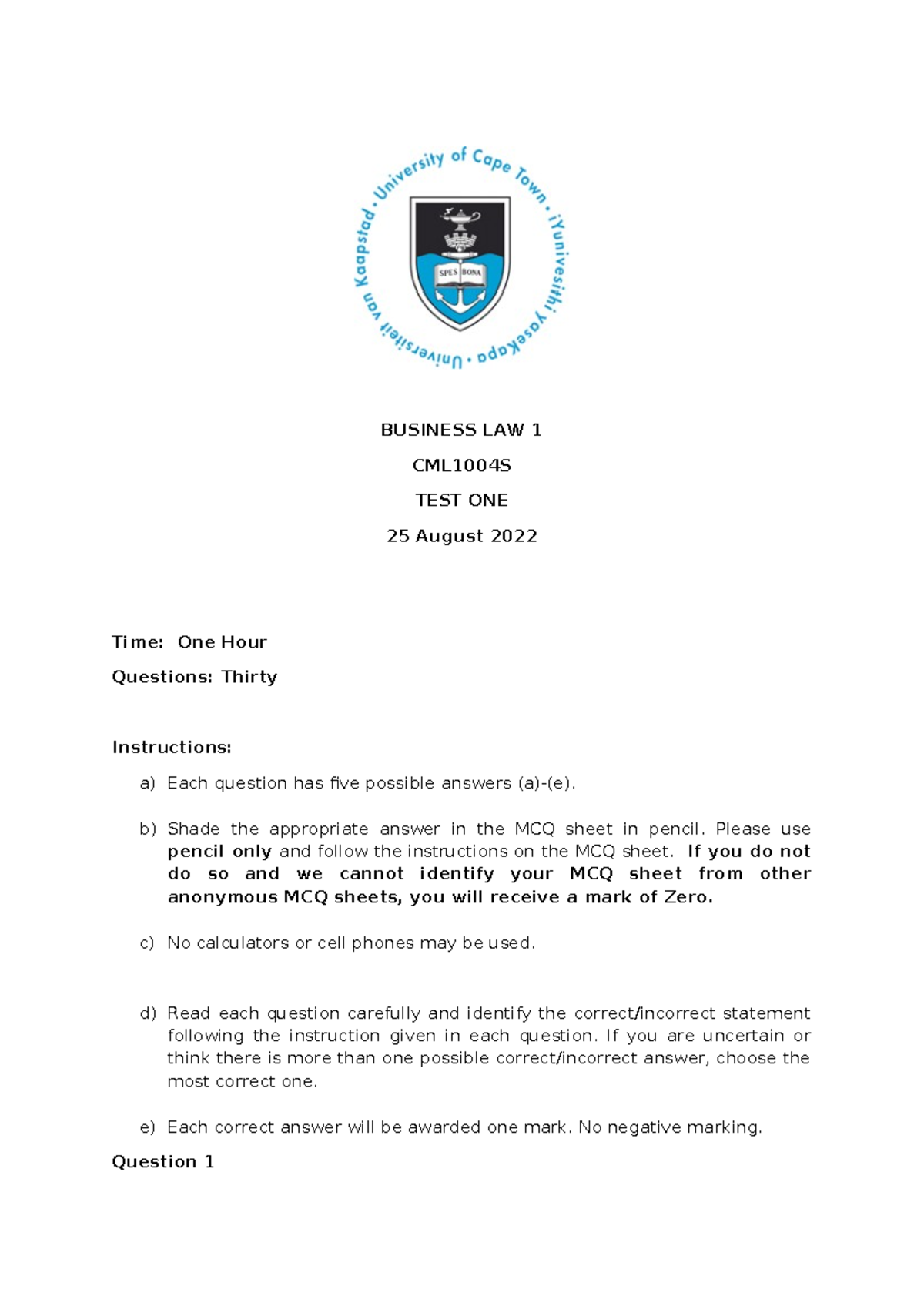 CML 1004S TEST 1 2022 - NO PW - BUSINESS LAW 1 CML1004S TEST ONE 25 ...