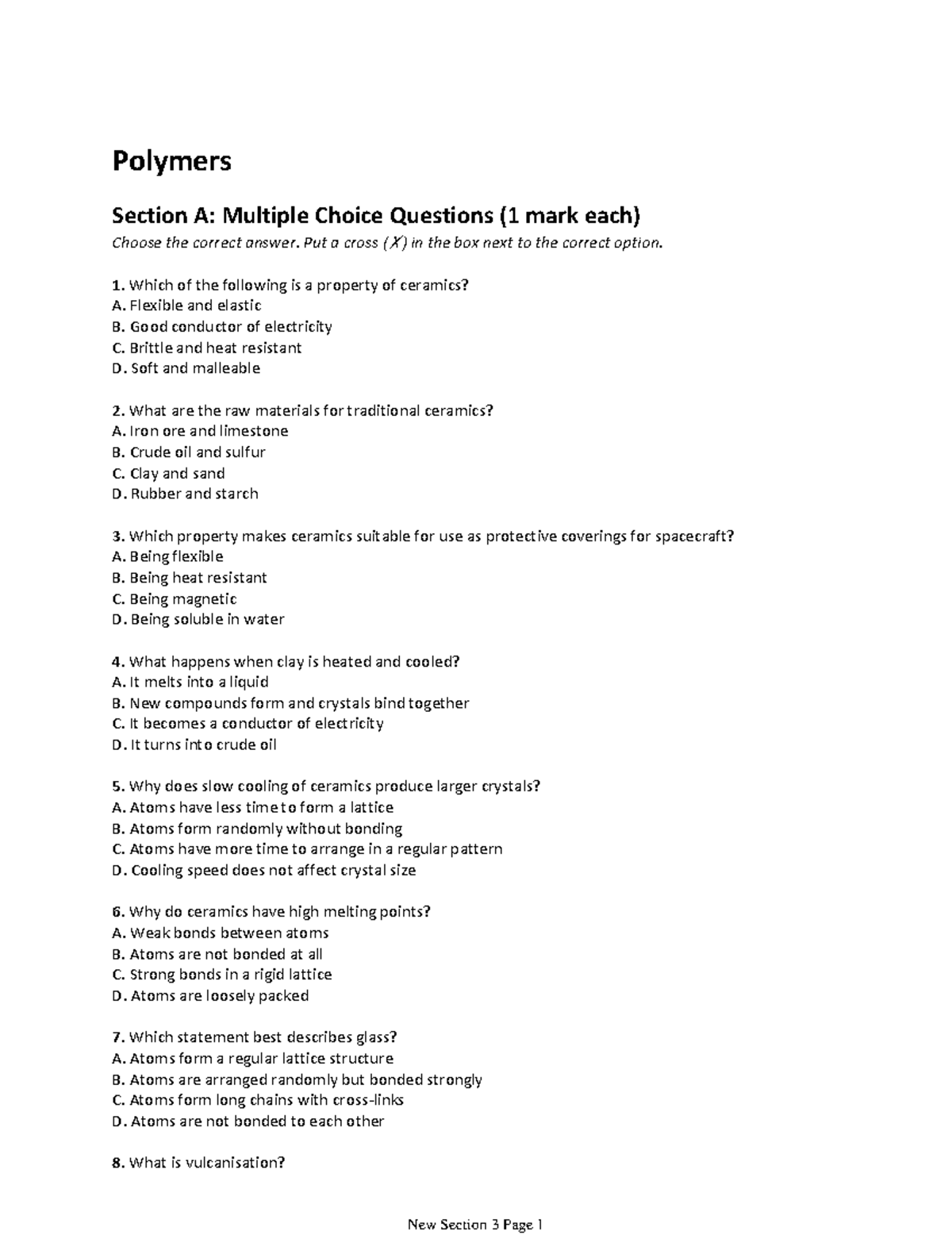 Polymers - Section A: MCQs on Ceramics and Properties - Studocu