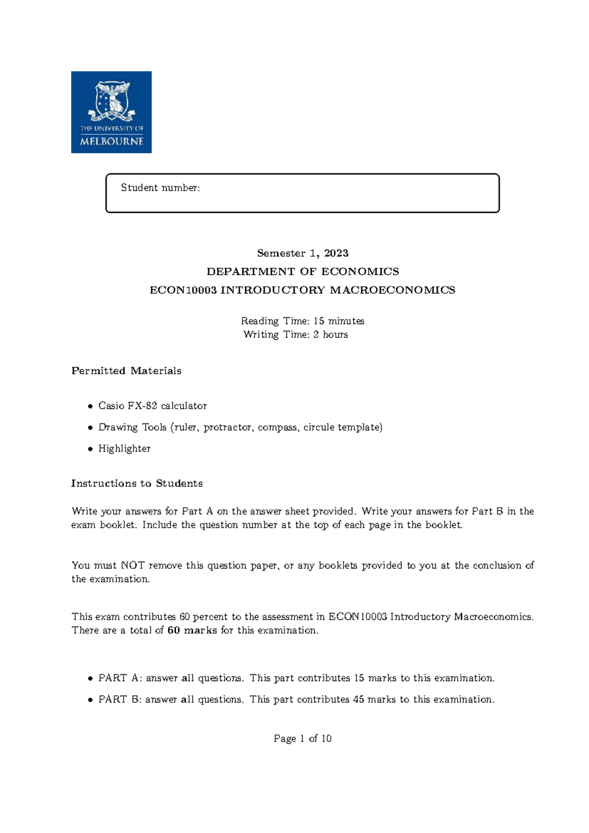 ECON10003 Introductory Macroeconomics Practice Exam (Semester 1, 2023 ...