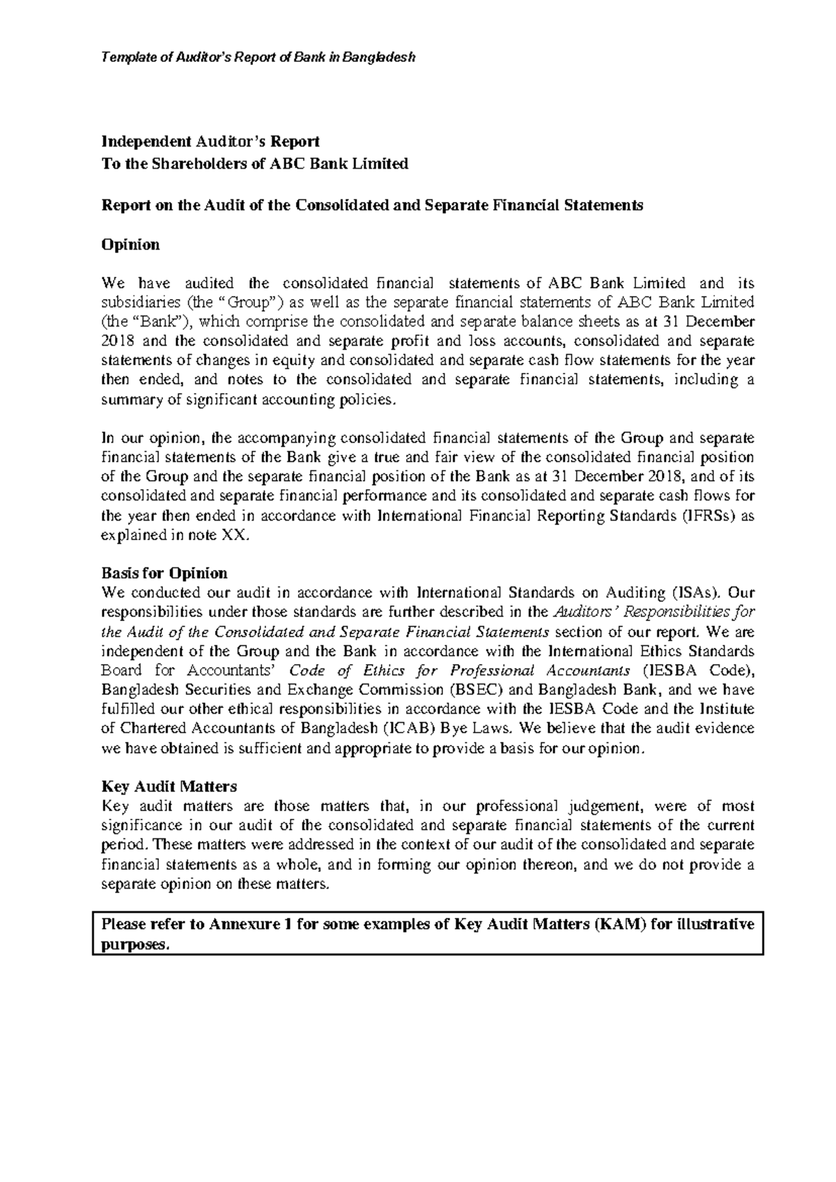 Template of Auditor's Report for ABC Bank Ltd (5773) - Bangladesh - Studocu