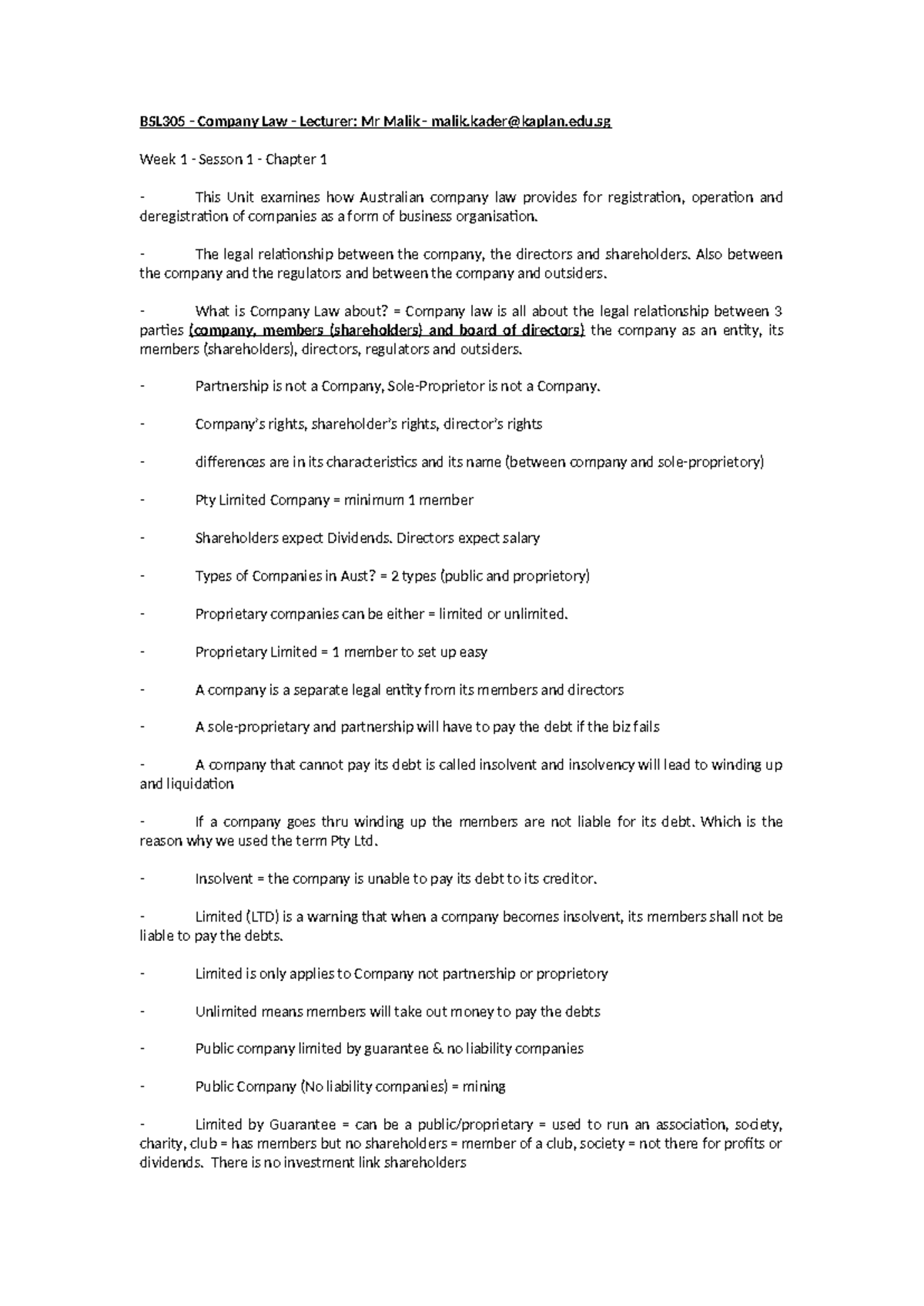BSL305 Company Law Lecture Notes: Week 1 Overview and Key Concepts ...