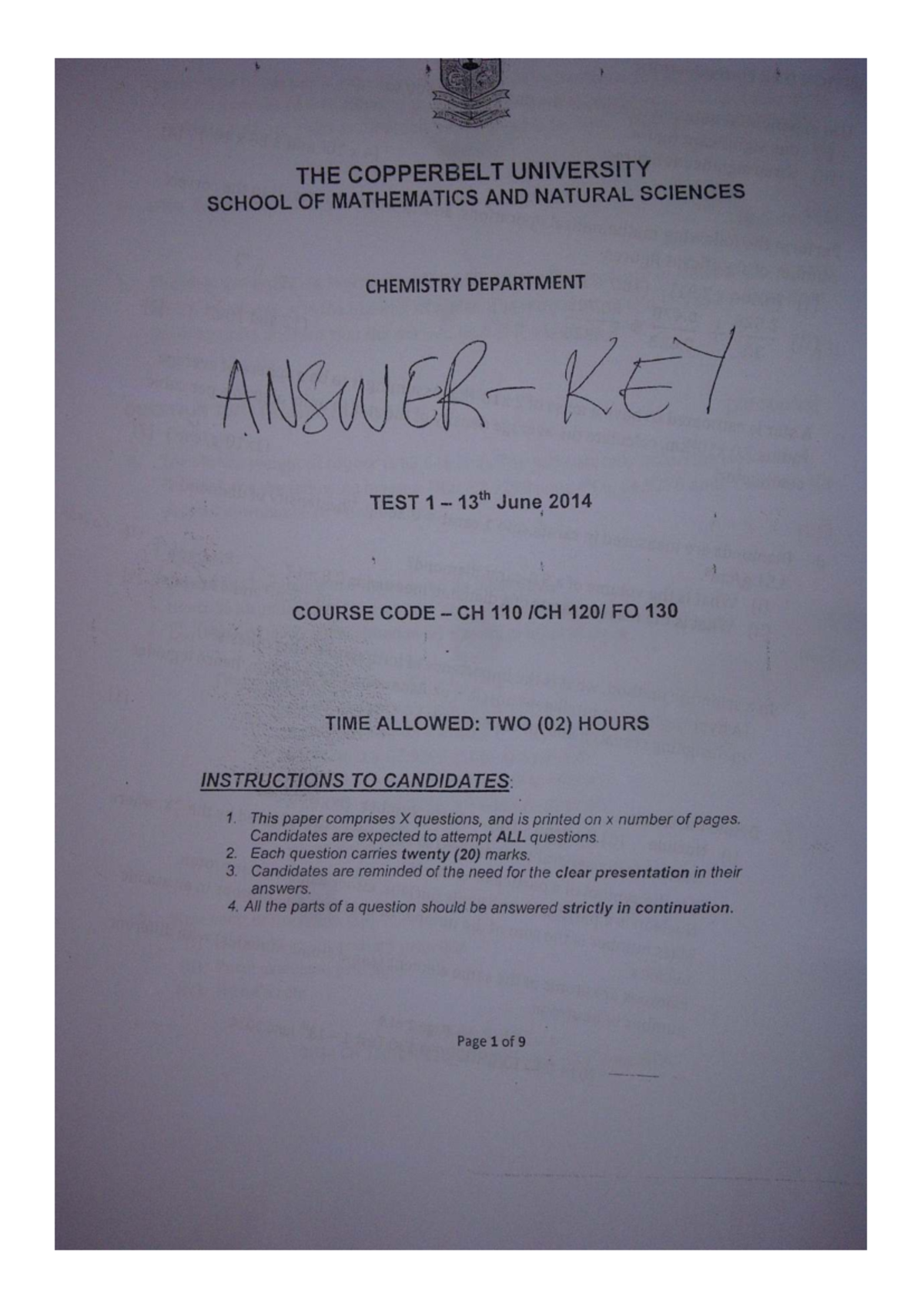 2014 CH 110 Test 1: Questions and Solutions for Chemistry - Studocu