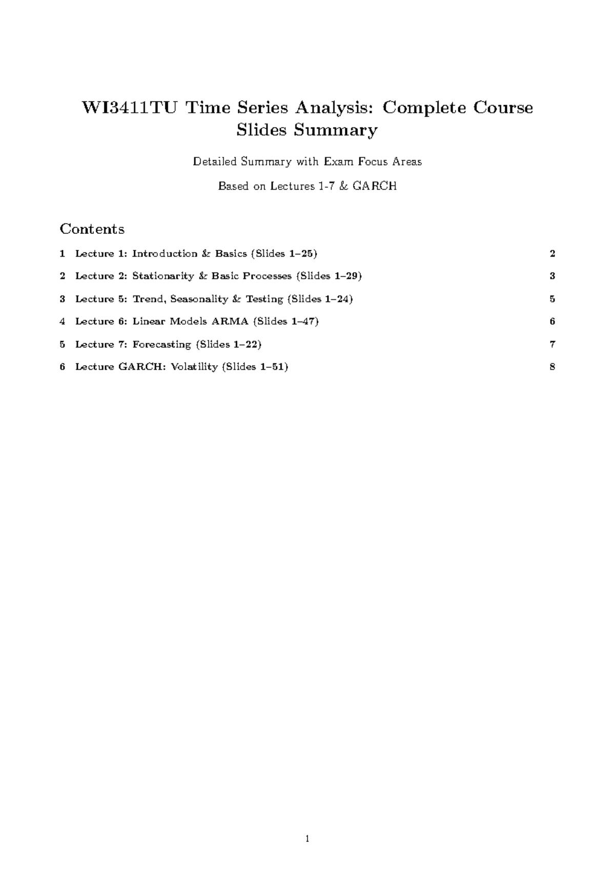 WI3411TU Time Series Analysis: Comprehensive Lecture Summary and Exam ...