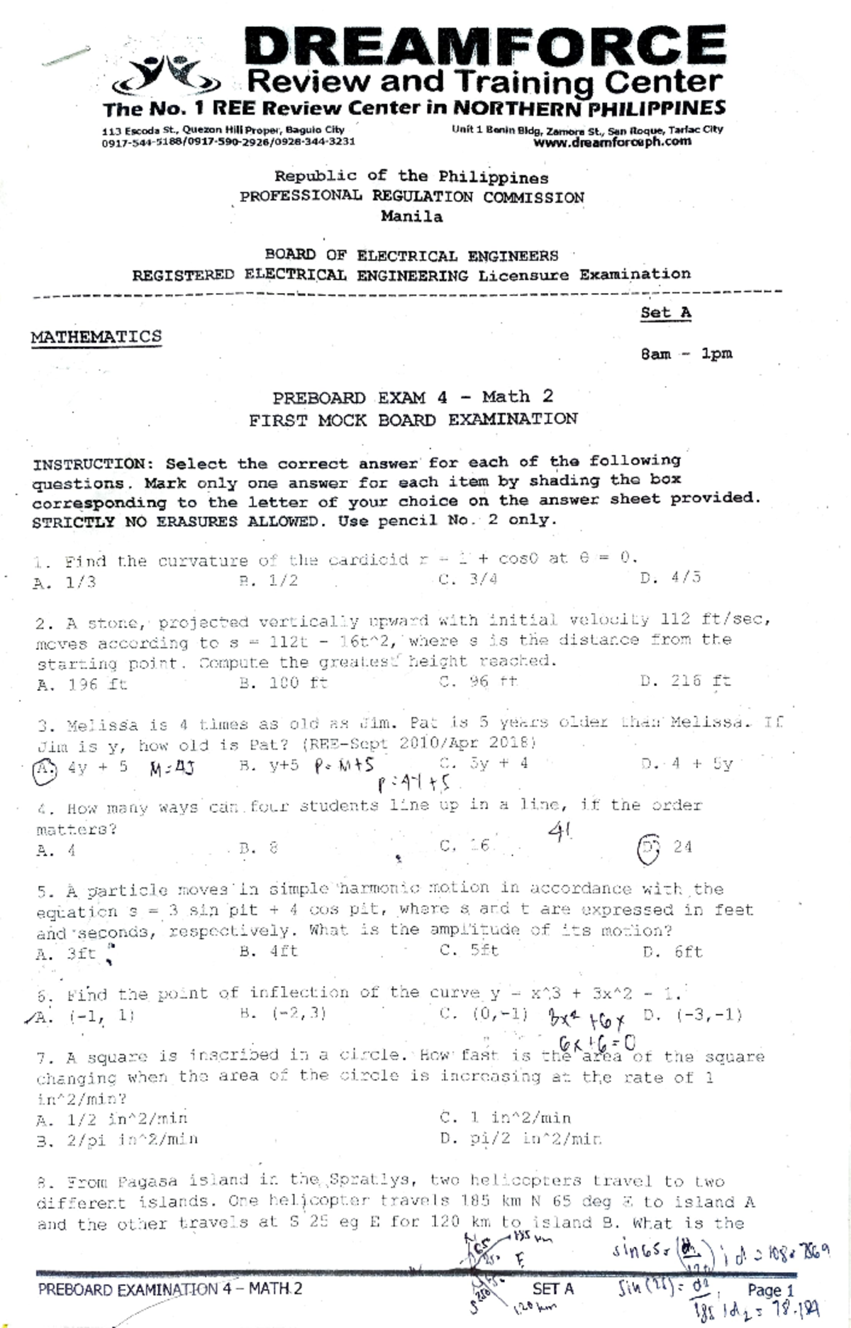 Preboard Exam 4 - Math 2 - Problem Set A Answers and Solutions - Studocu