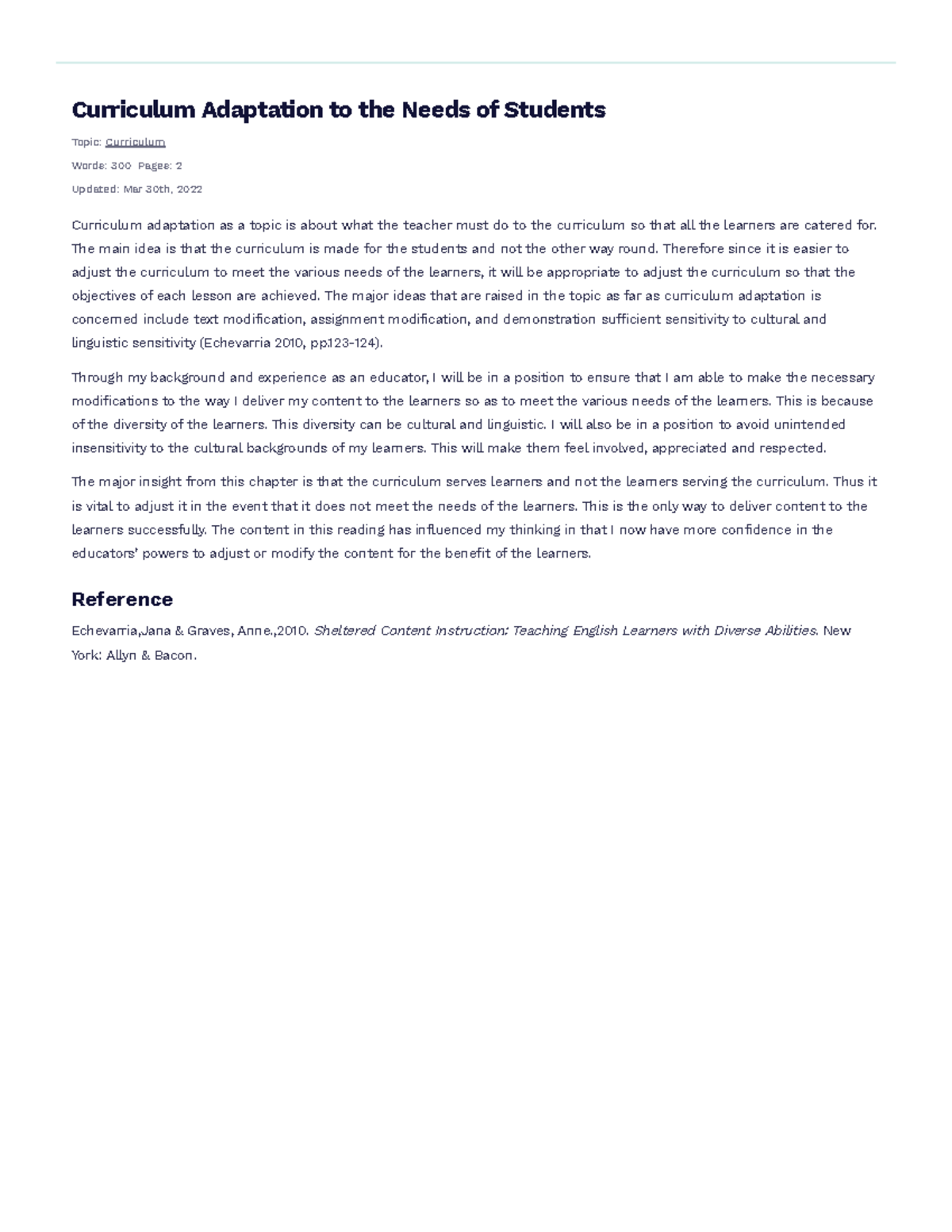 Curriculum Adaptation for Diverse Learners: Essay Example - Studocu