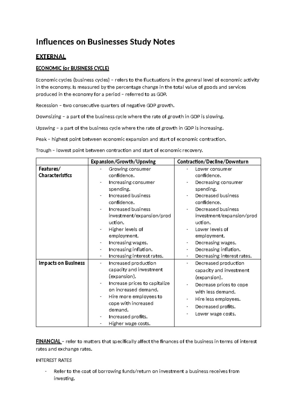Influences on Businesses Study Notes: Economic & Legal Factors (67B12C ...