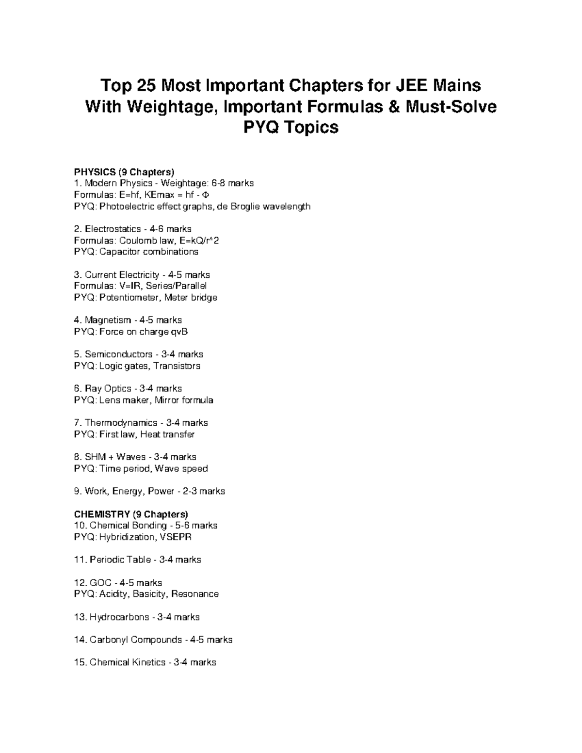 JEE Mains: Top 25 Important Chapters & Formulas with Weightage - Studocu