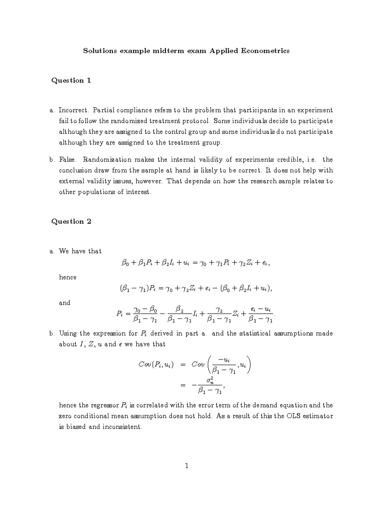 Applied Econometrics Midterm Exam Solutions Example - Studeersnel