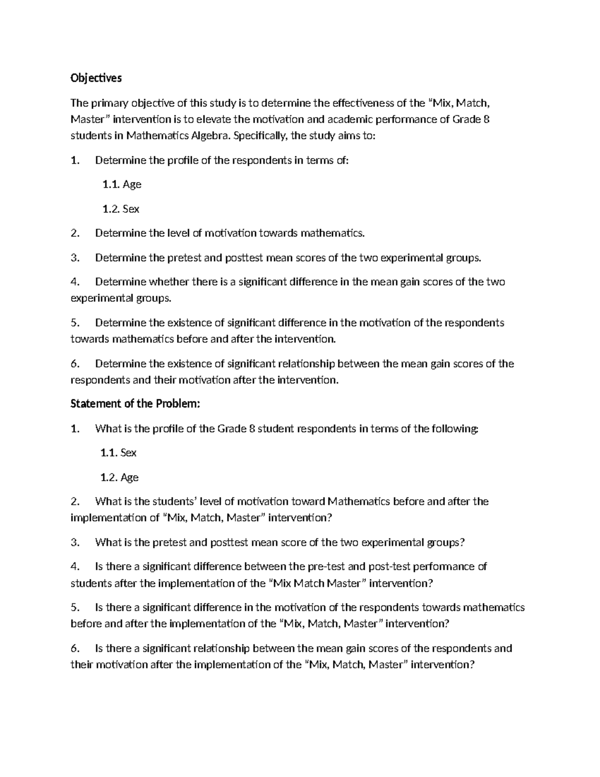 Grade 8 Math Motivation Study: Objectives & Problem Statement - Studocu