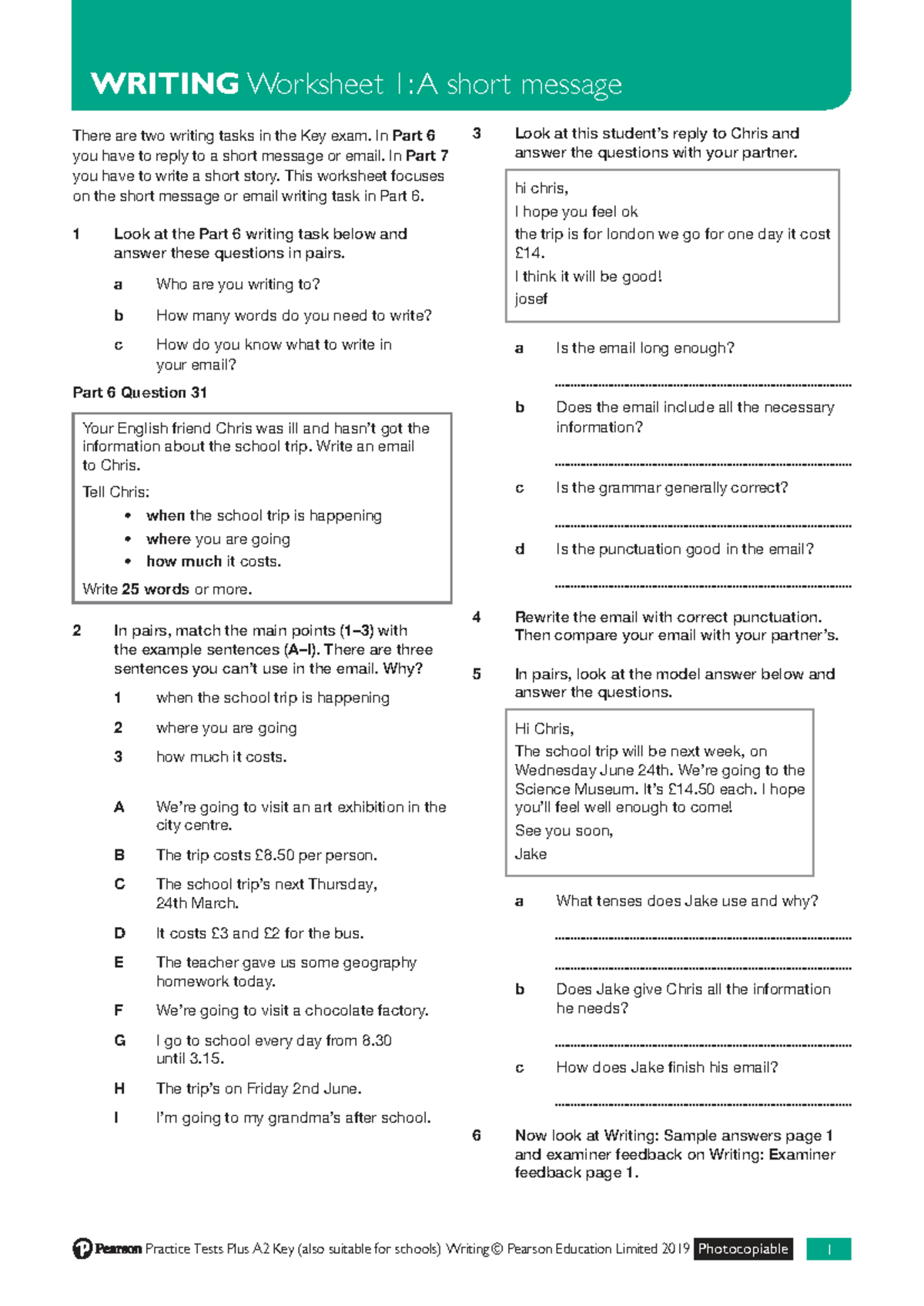 PTP A2 Key Writing Worksheets: Short Message & Story Tasks - Studocu