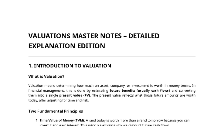Valuations Master Notes - VALUATIONS MASTER NOTES – DETAILED ...