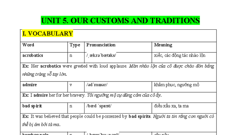 Global Unit 5: Our Customs and Traditions - Vocabulary & Grammar Notes ...