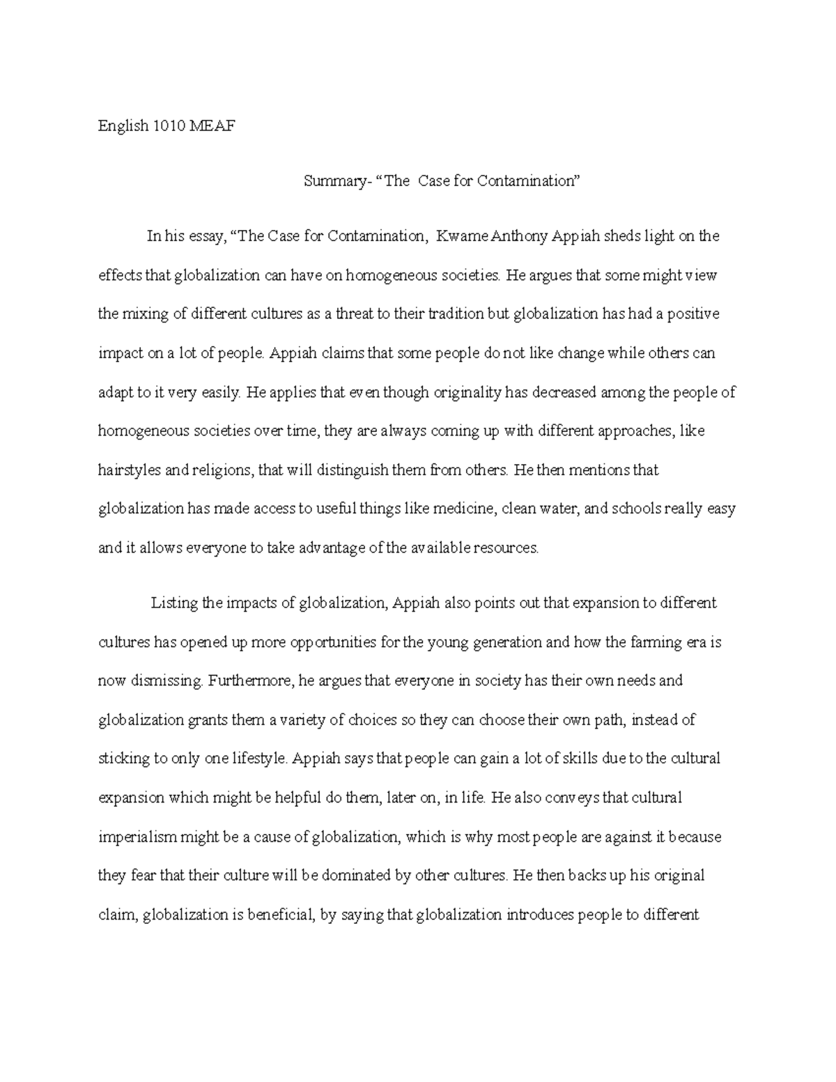 English 1010 MEAF: Summary of “The Case for Contamination” Essay - Studocu