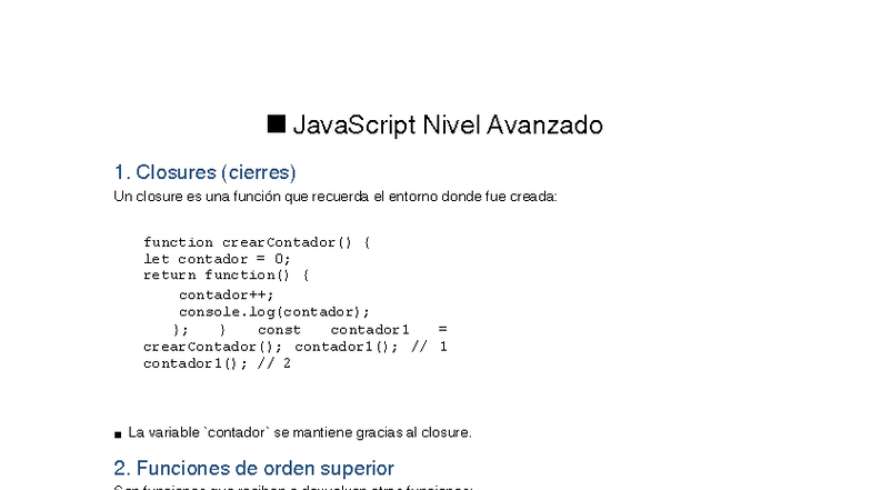 JavaScript Avanzado 1: Closures, Funciones y Prototipos - Studocu
