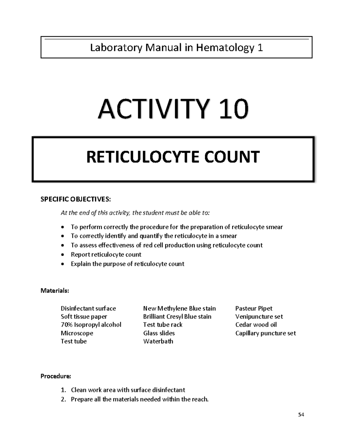 Hema1 Lab Activity 10: Reticulocyte Count Procedure and Objectives ...