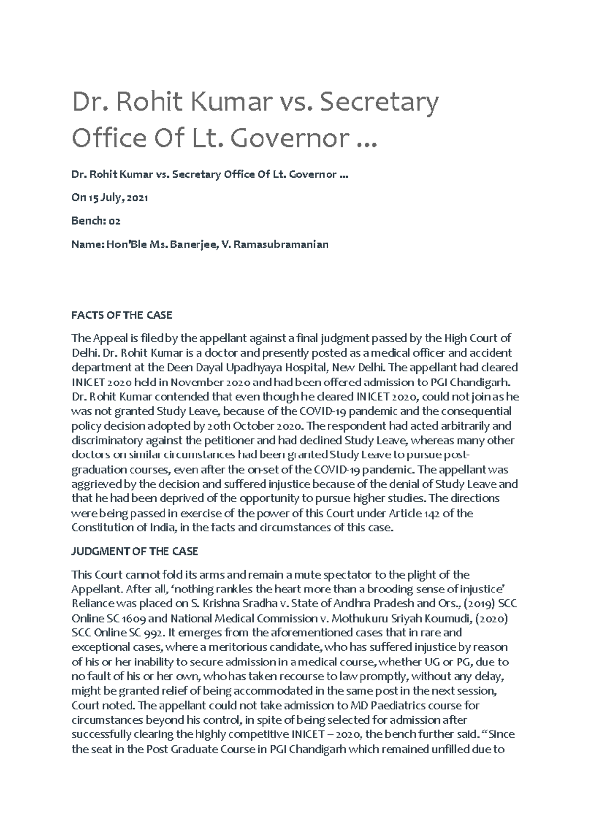 Dr Rohit Kumar v Secretary 2021 July - Dr. Rohit Kumar vs. Secretary ...
