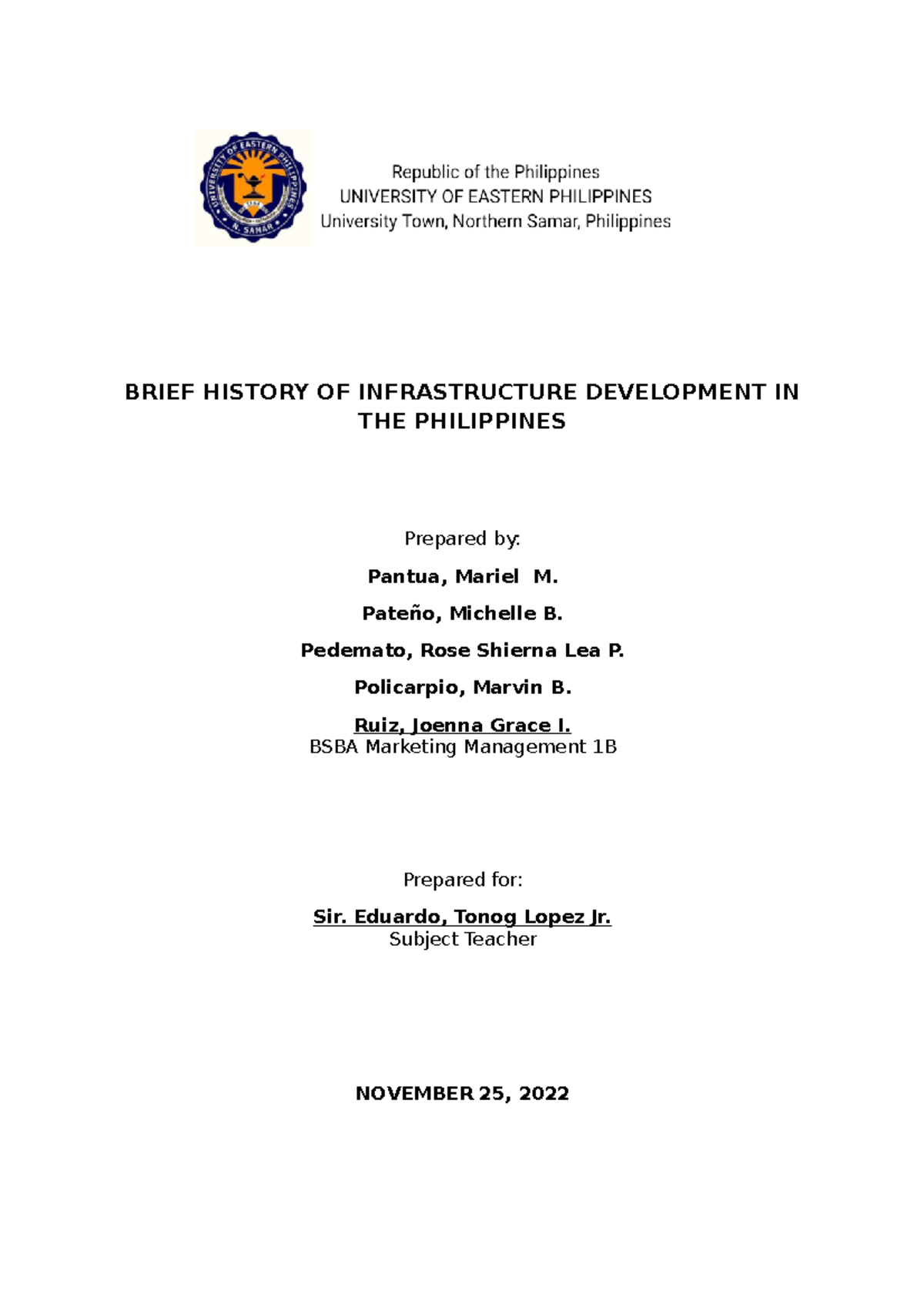 Infrastructure Development History in the Philippines - RIPH 1B - Studocu