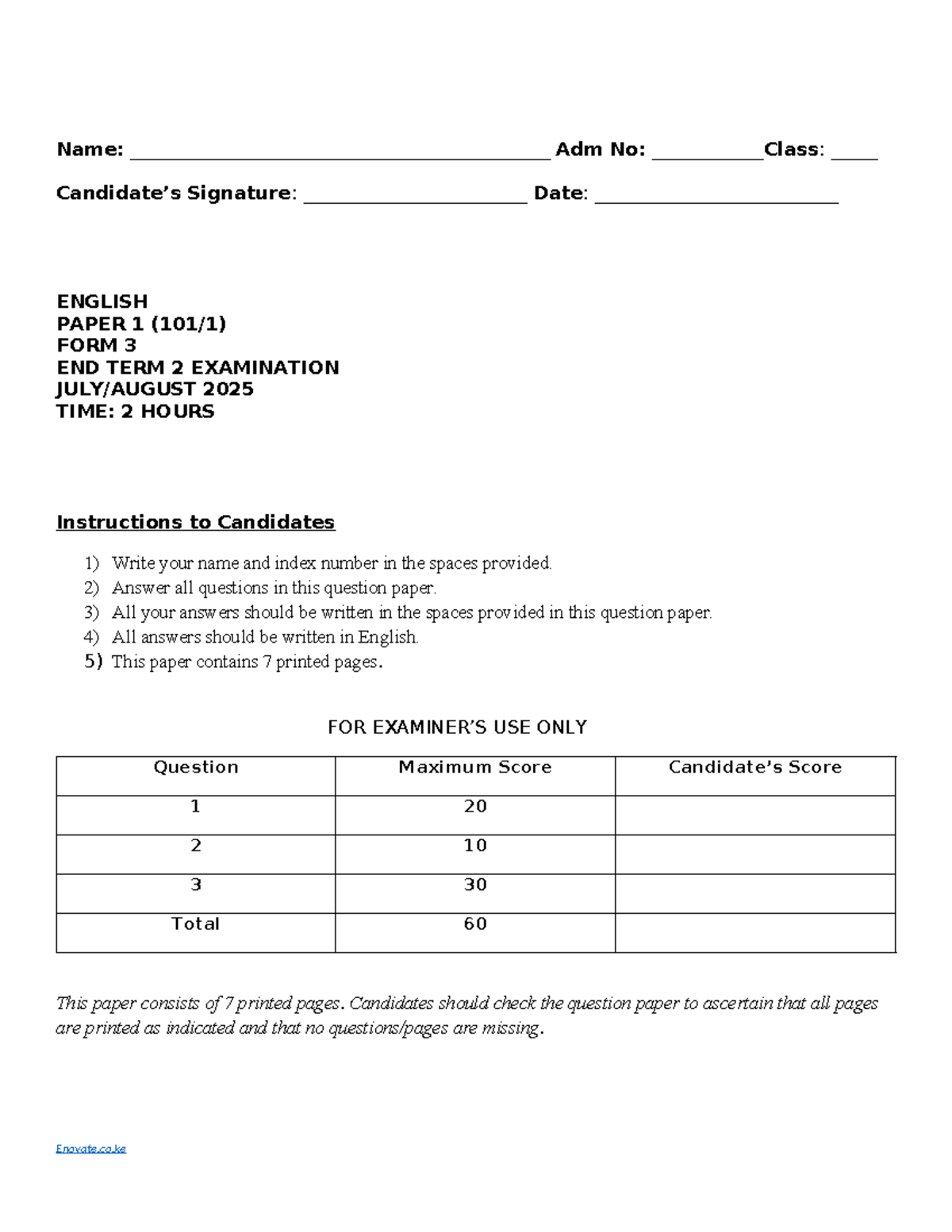 2025 English F3 End Term 2 Exam Paper - Set 1 - Studocu