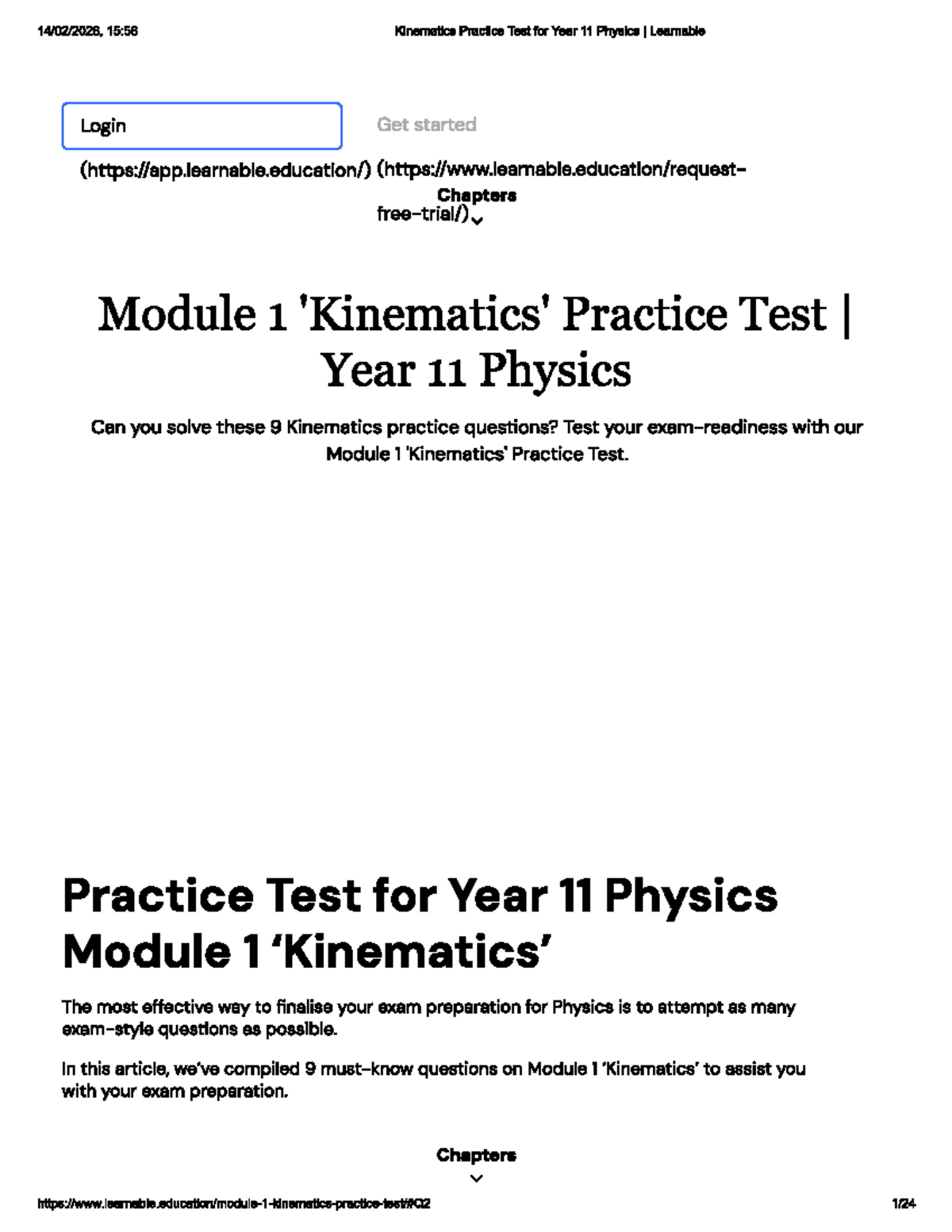 Year 11 Physics Module 1 Kinematics Practice Test & Solutions - Studocu