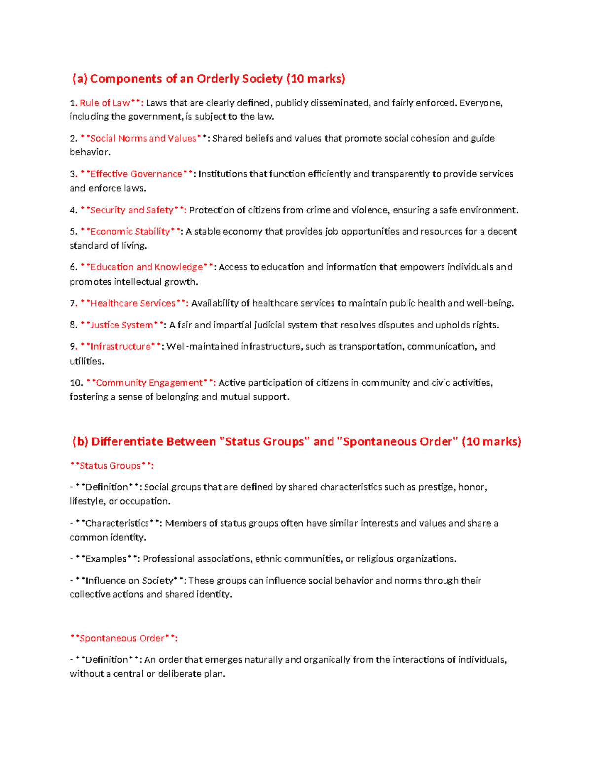 Philosophy - leave a message - (a) Components of an Orderly Society (10 ...