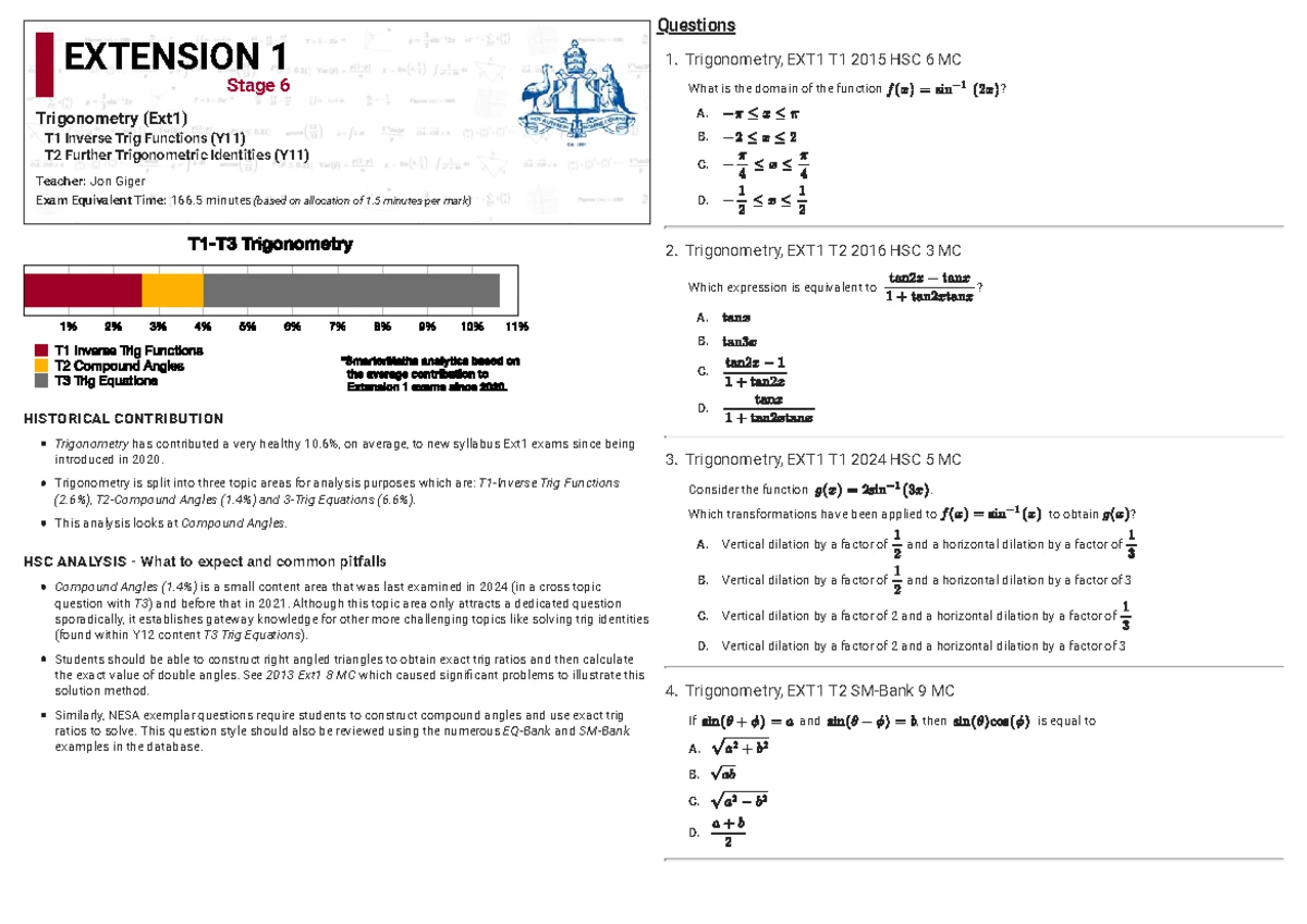 Yr12 EXT1 Further Calculus Skills HSC Questions and Analysis - Studocu