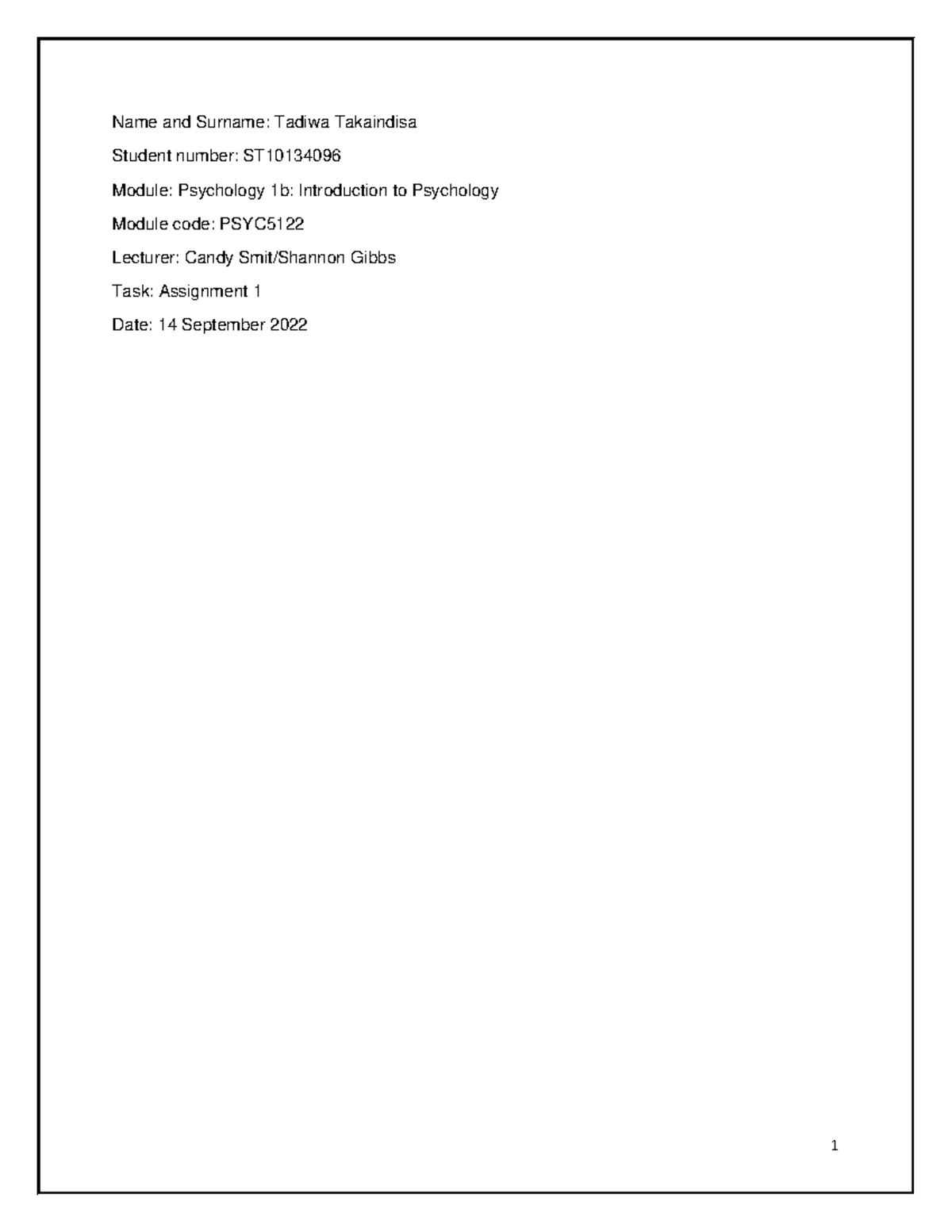 PSYC5111 Assessment type: Assignment 1 PSYCHOLOGY 1A: INTRODUCTION TO ...