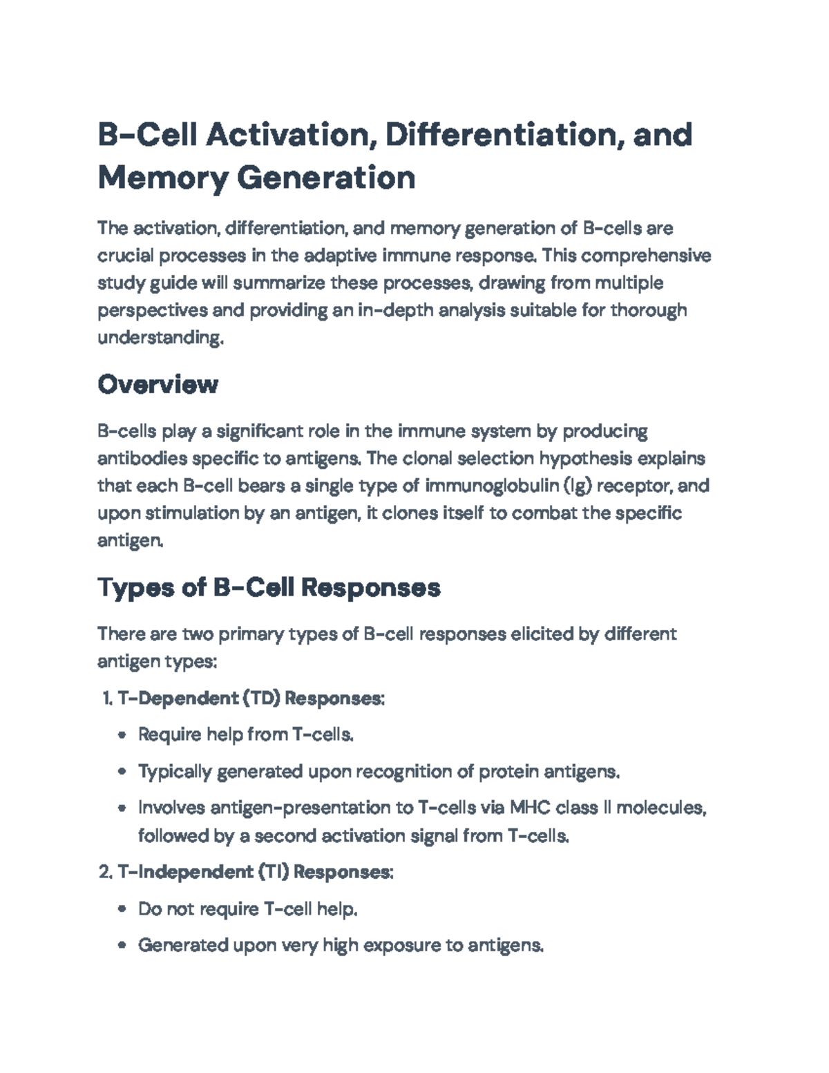B-Cell Activation and Memory Generation Study Guide - B-Cell Activation ...