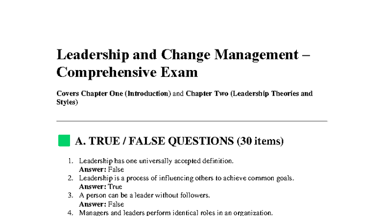 Leadership and Change Management Comprehensive Exam: Chapters 1 & 2 ...