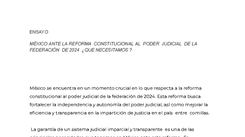ENSAYO DERECHO: ANÁLISIS DE LA REFORMA JUDICIAL EN MÉXICO 2024 - Studocu