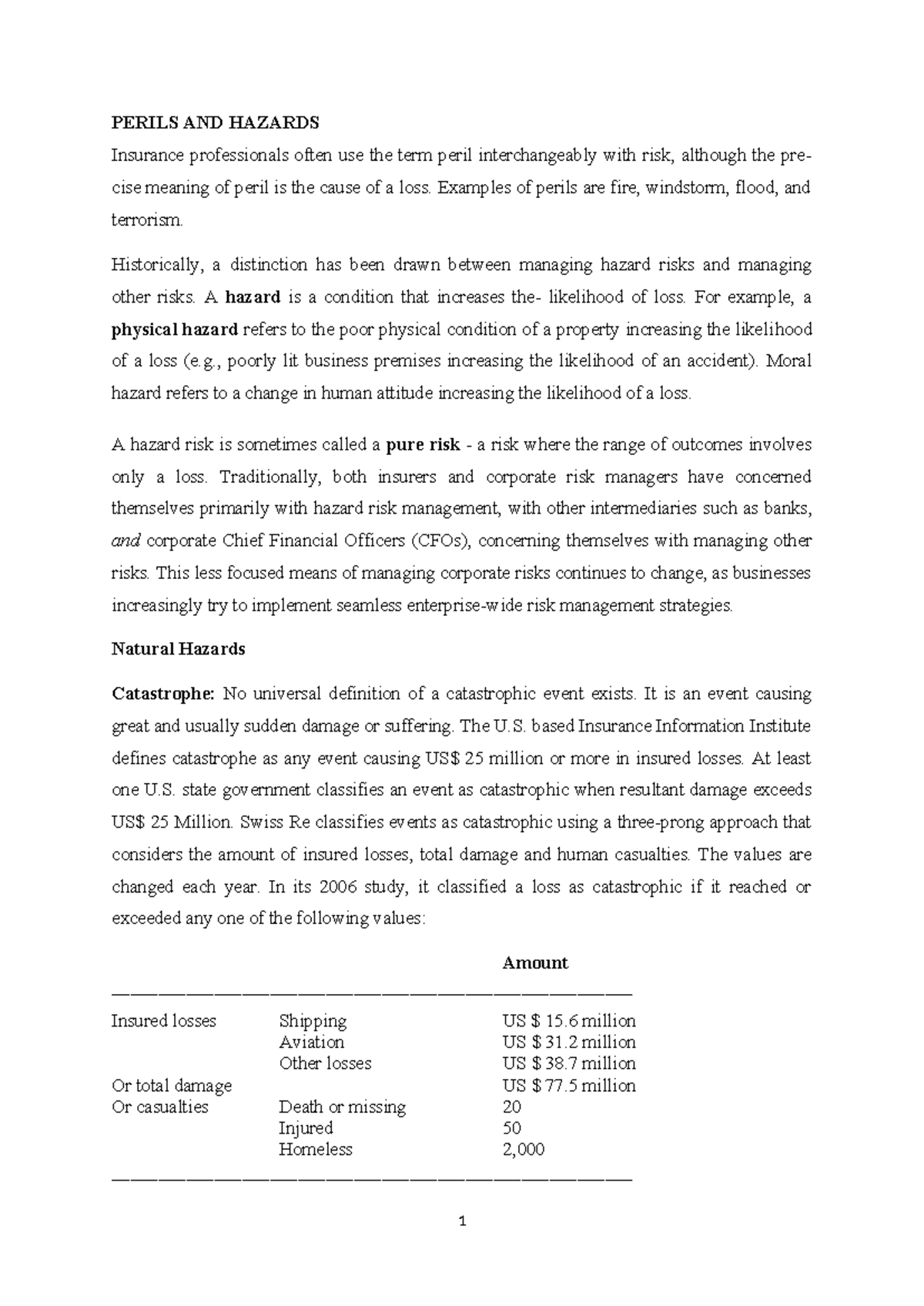 Insurance RISK MGT Notes: Perils, Hazards, and Natural Disasters - Studocu