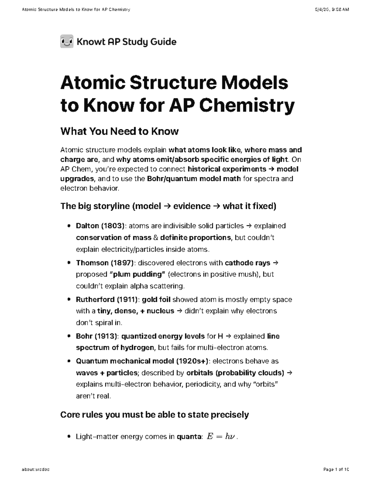 AP Chemistry: Key Atomic Structure Models and Concepts - Studocu