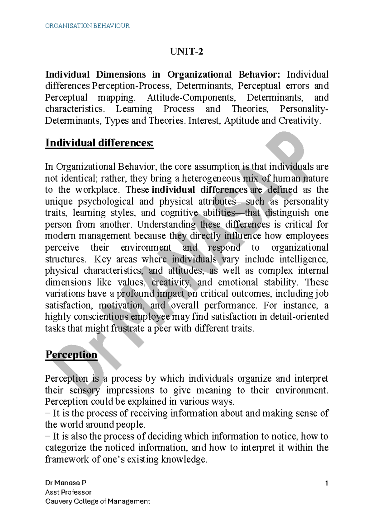 OB 2: Individual Differences and Perception in Organizational Behavior ...
