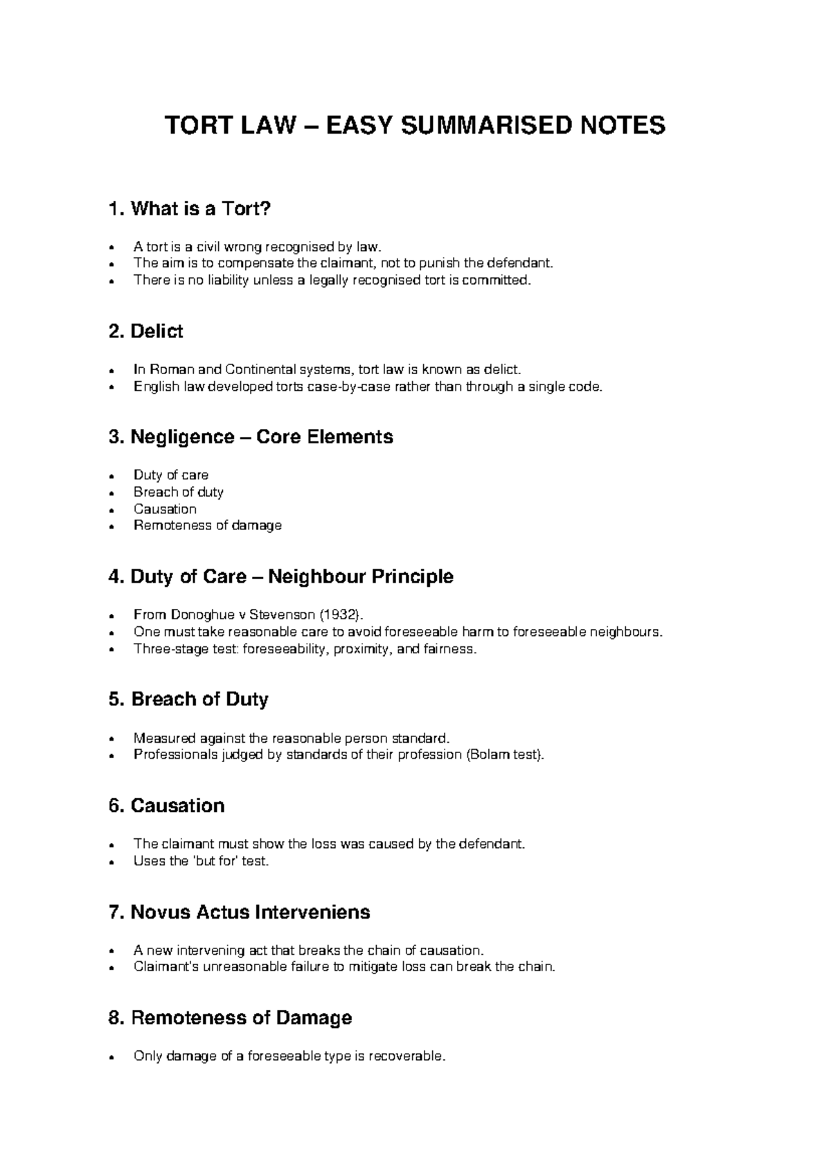 TORT LAW 101: Simplified Notes on Key Concepts and Principles - Studocu
