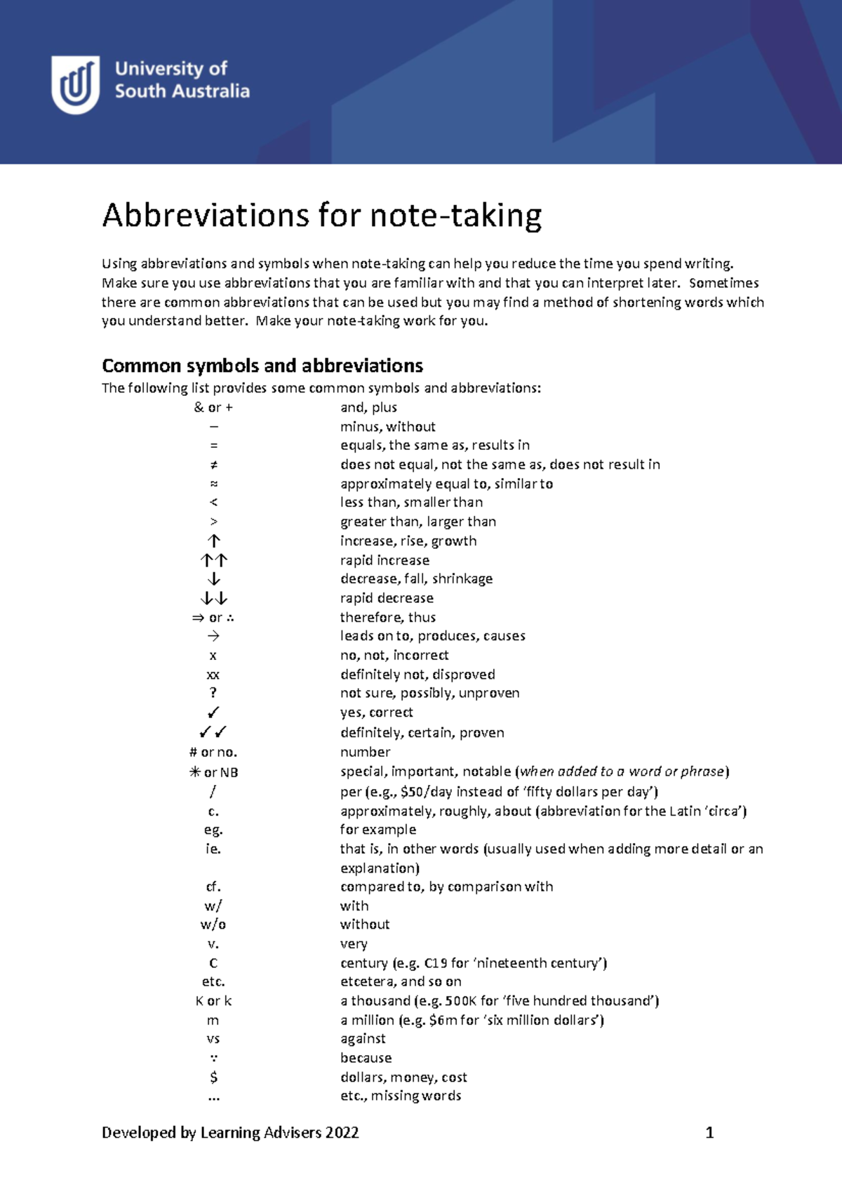 Abbreviations for Note-taking - UniSA 2022 Guide - Studocu