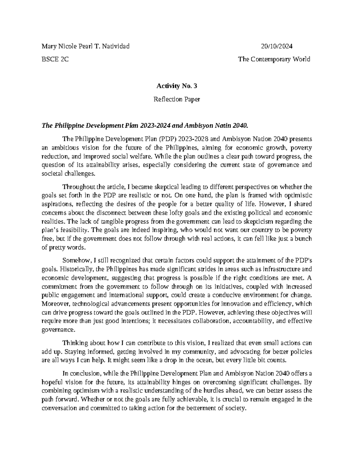 Reflection Paper on PDP 2023-2028 & Ambisyon Natin 2040 - BSCE 2C - Studocu