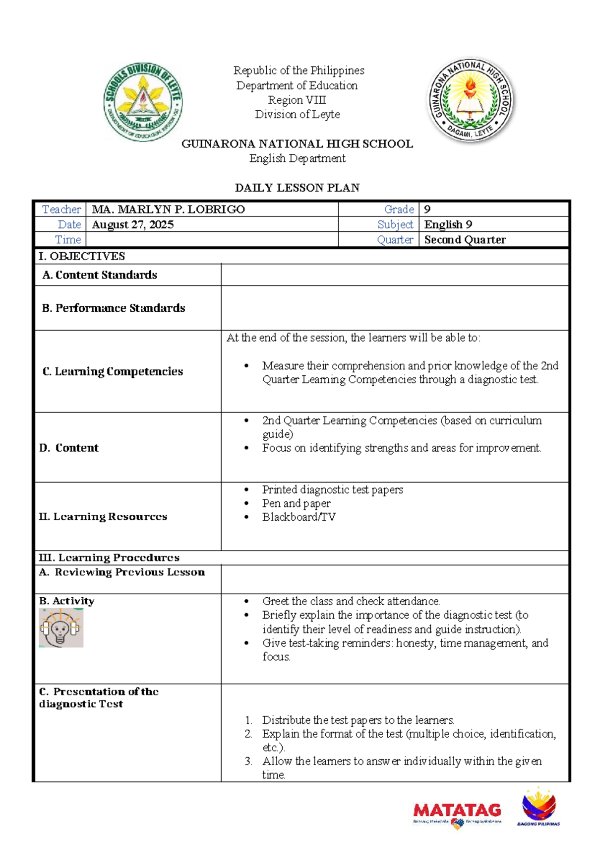 Diagnostic Test - English 9 (2nd Quarter) Lesson Plan - Studocu