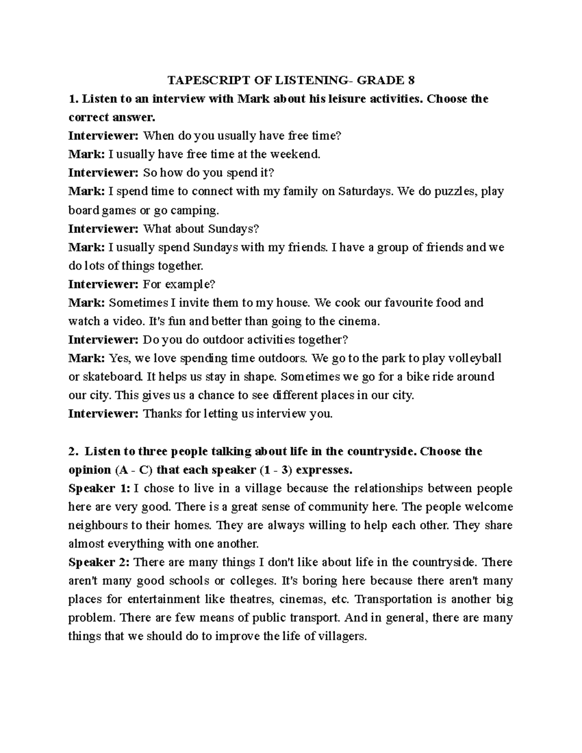 Tapescript for Listening Activities - Grade 8 - Studocu
