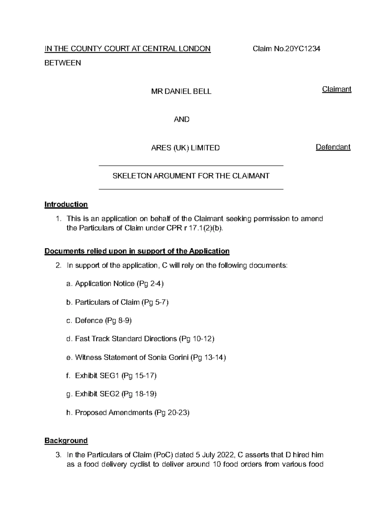 Skeleton Argument Template for County Court Claim No. - Studocu