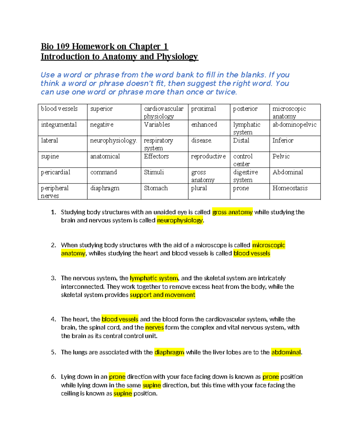 Bio 109 Final Exam Review: Anatomy & Physiology Overview - Studocu
