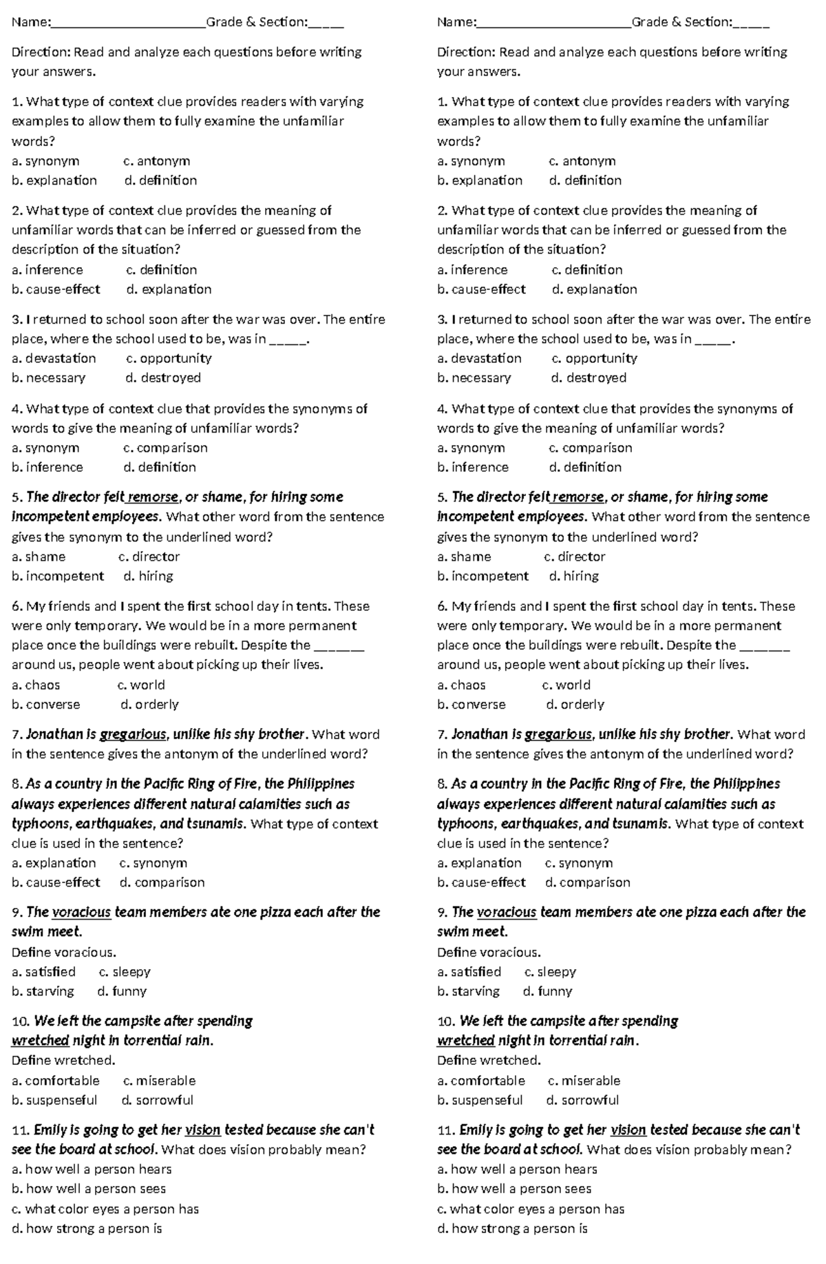 G8 Quiz: Understanding Context Clues and Text Comprehension - Studocu
