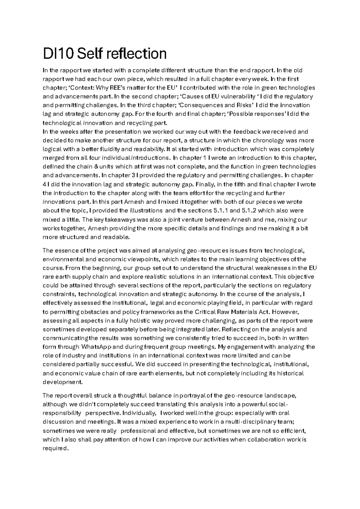 DI10 Self-Reflection on REE Supply Chain Analysis for EU - Studeersnel