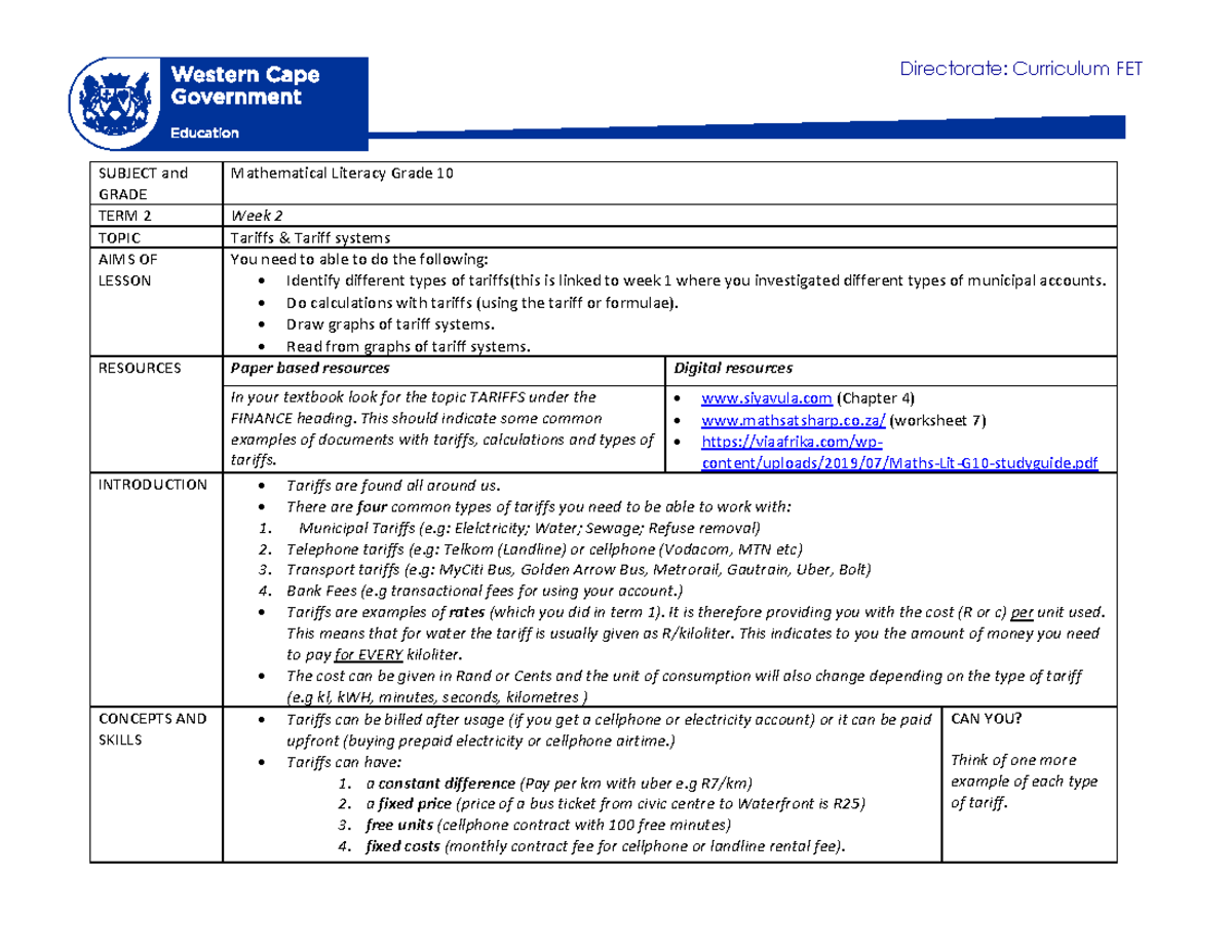 Mathematical Literacy G10 Term 2 Week 2: Understanding Tariffs ...