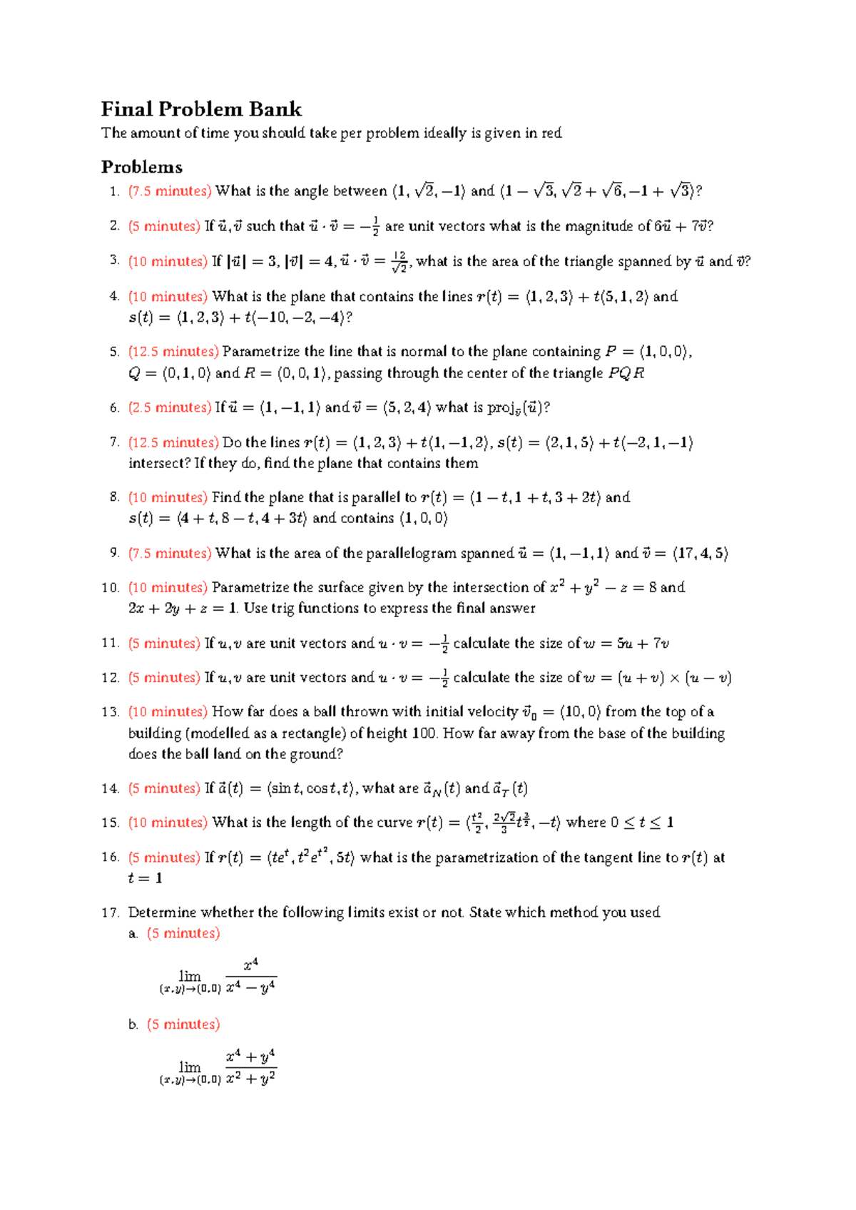Final Exam Problem Bank for Calculus 101 - Studocu
