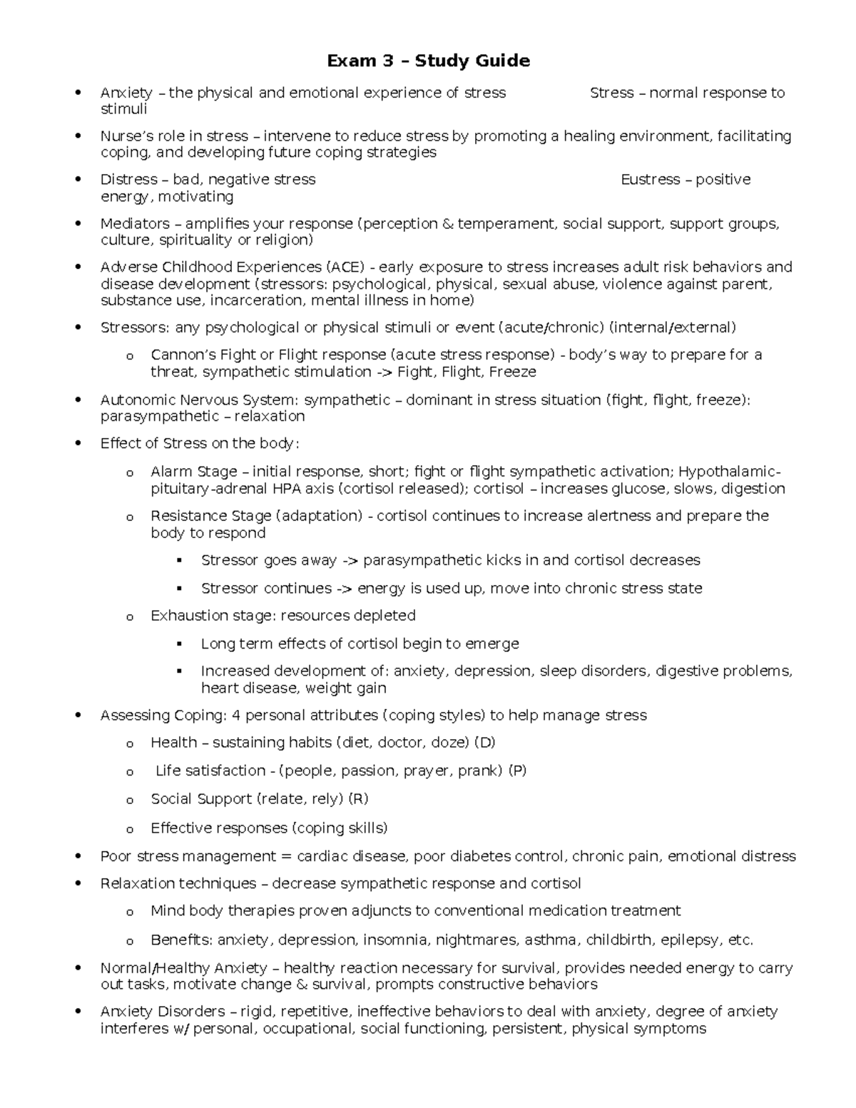 Exam 3 Study Guide: Understanding Anxiety, Stress, and Coping ...
