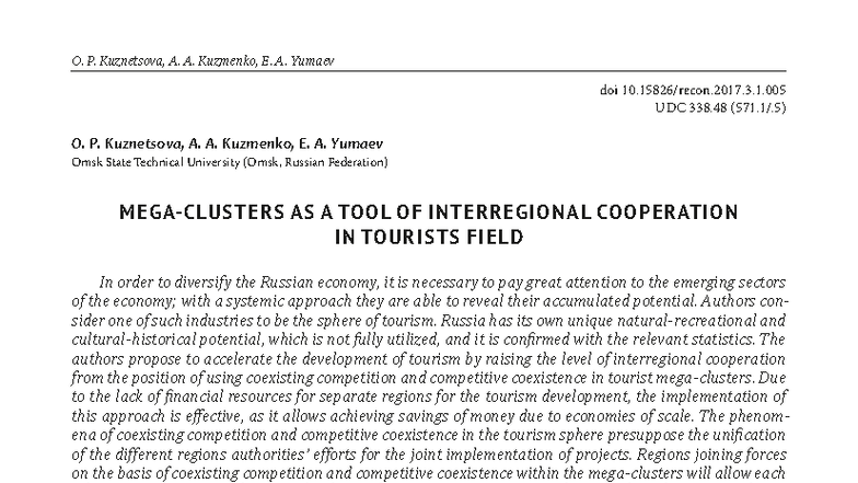 Clusters as a Tool for Interregional Cooperation in Tourism (UDC 338.48 ...